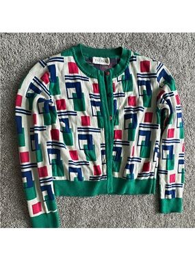 Palava Womens XS Organic Cotton Geometric Crew Neck Button-Front Cardigan